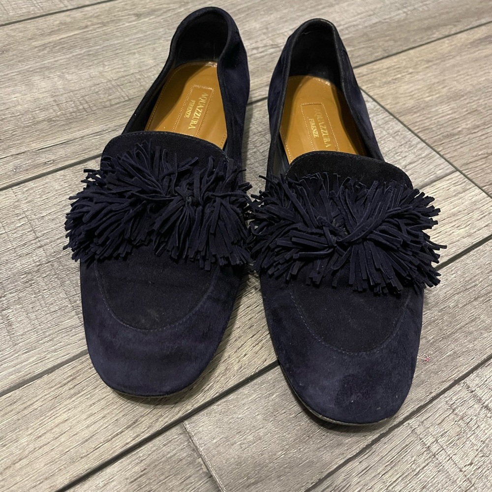 Aquazzura Dark Blue Suede Loafers with fringe Accent size 37